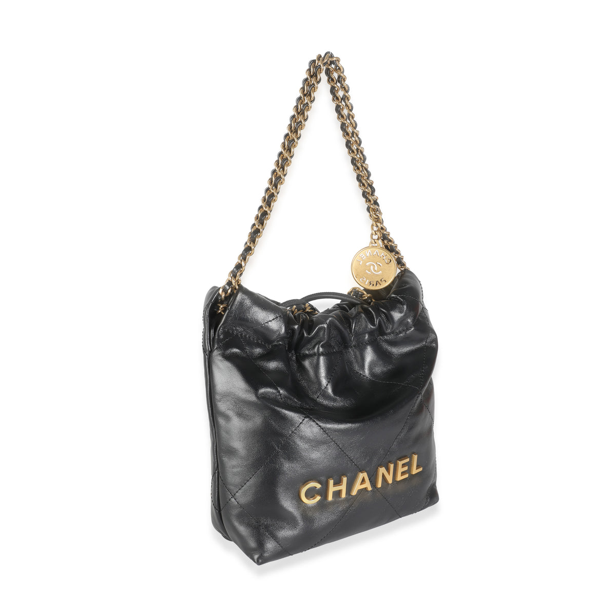 Black Shiny Quilted Calfskin Mini Chanel 22