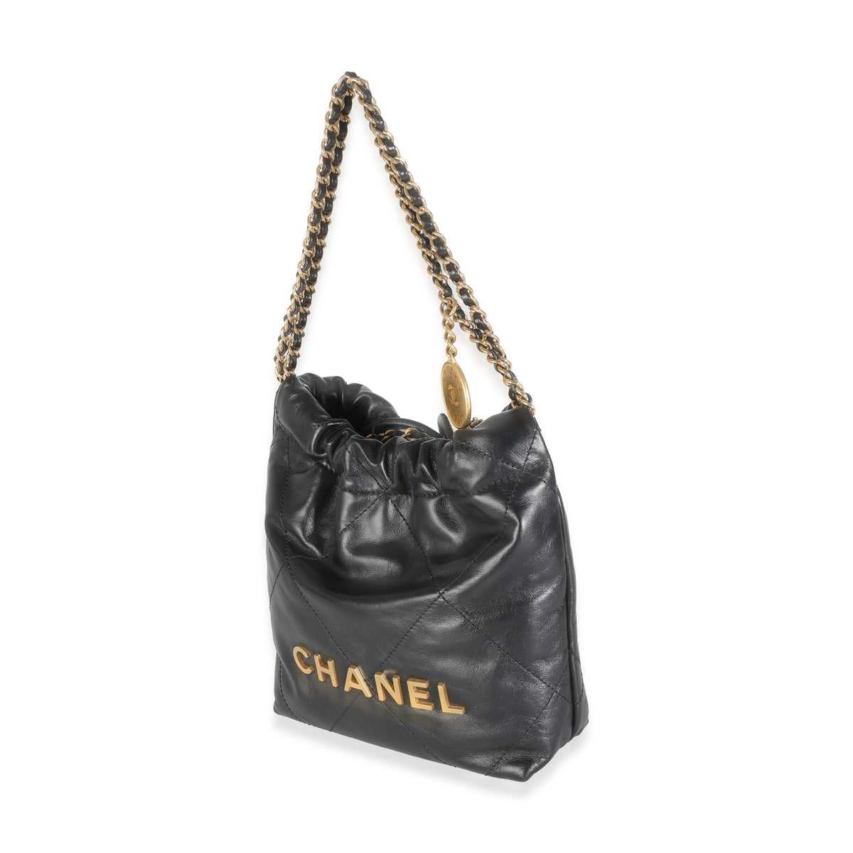 Black Shiny Quilted Calfskin Mini Chanel 22