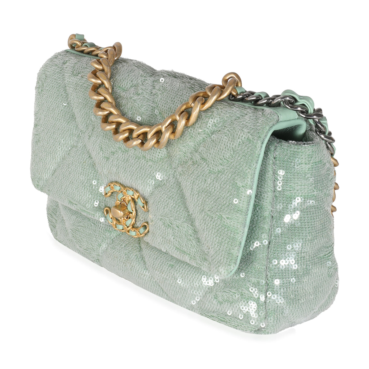 Light Green Sequin Small Chanel 19 Flap Bag