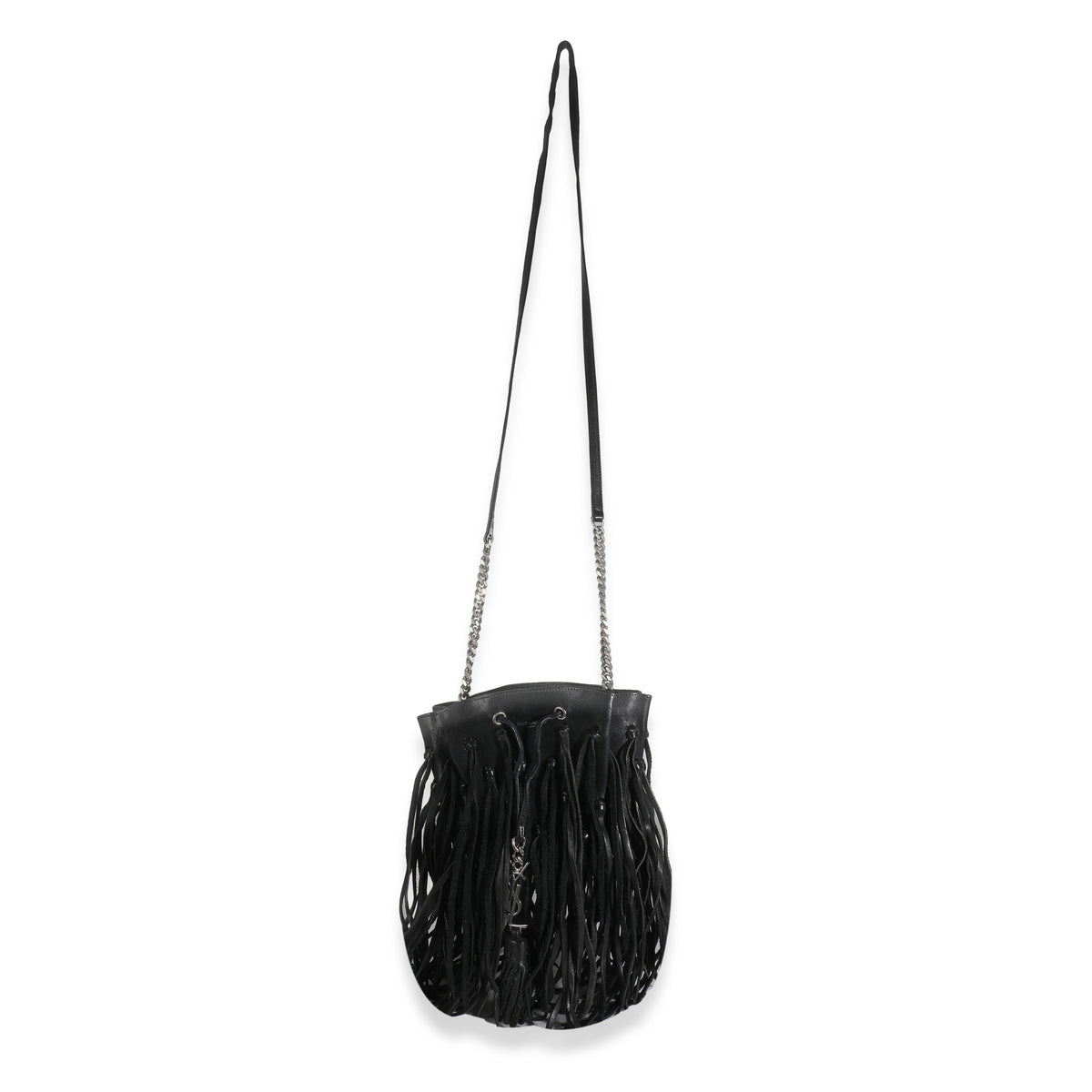 Black Calfskin Fringe Monogram Mini Bourse Bucket