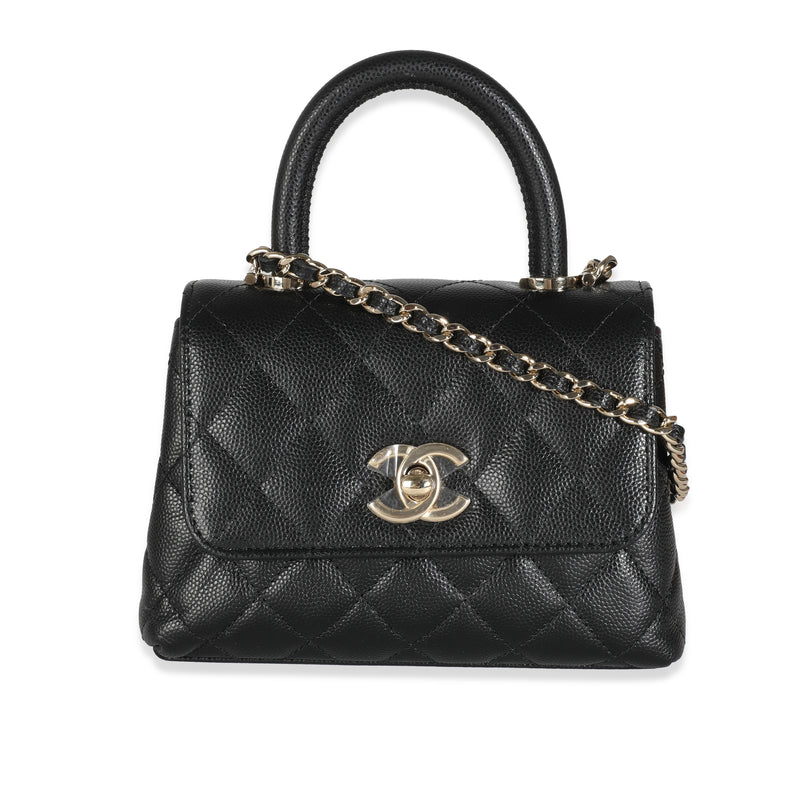 24K Black Quilted Caviar Extra Mini Coco Top Handle Bag