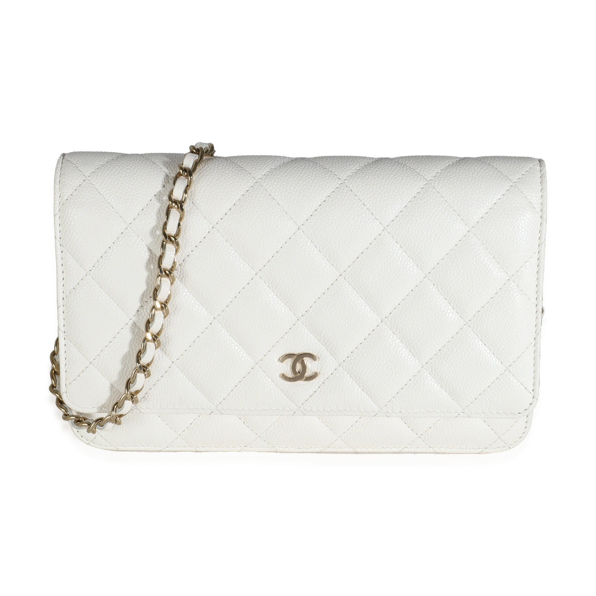 23A White Quilted Caviar Classic Wallet On Chain