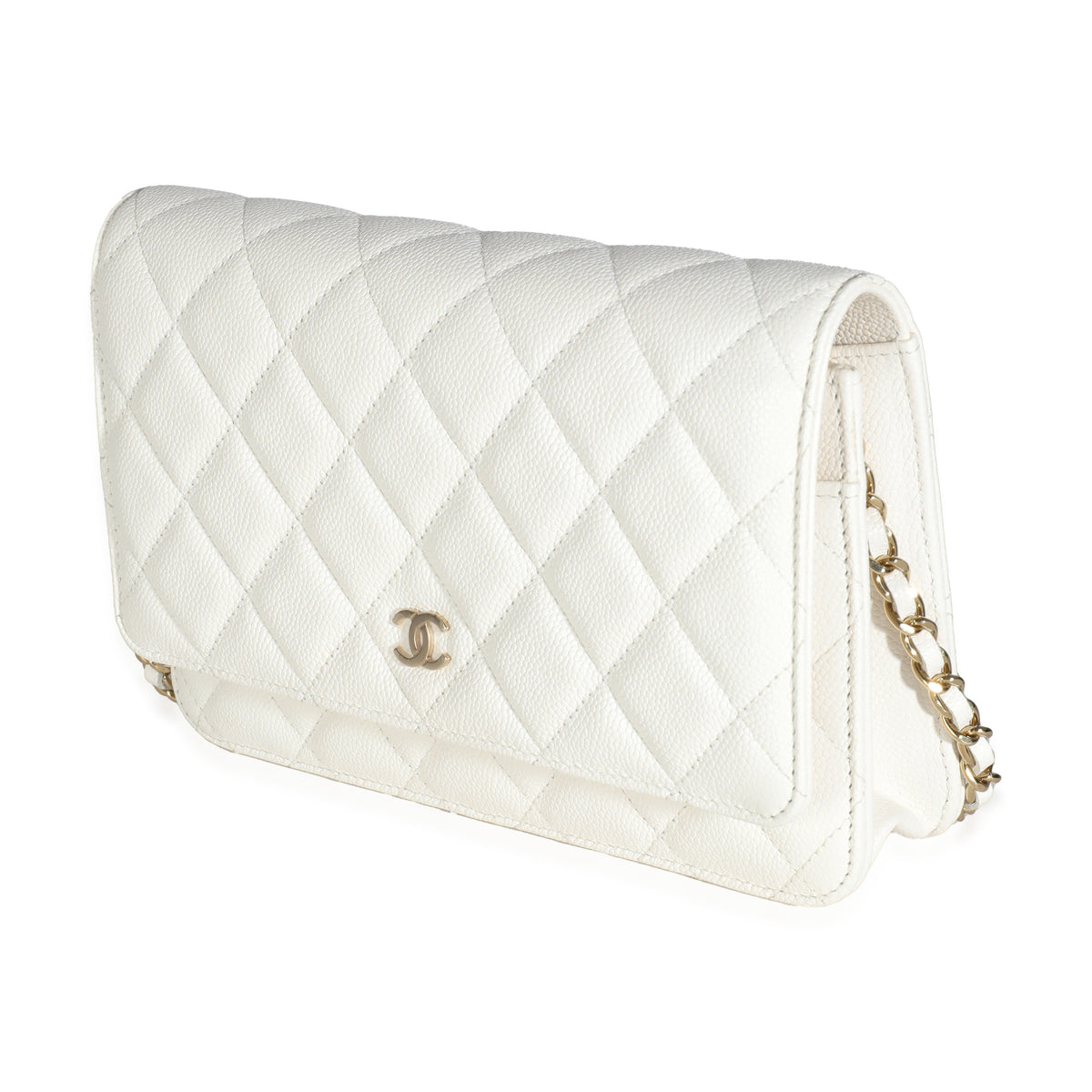 23A White Quilted Caviar Classic Wallet On Chain