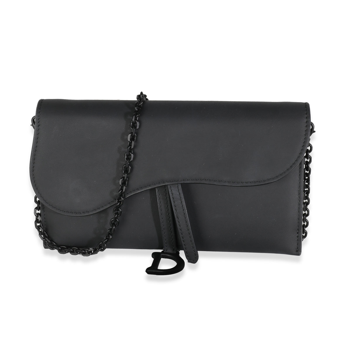 Black Ultramatte Calfskin Small Saddle Pouch With Chain