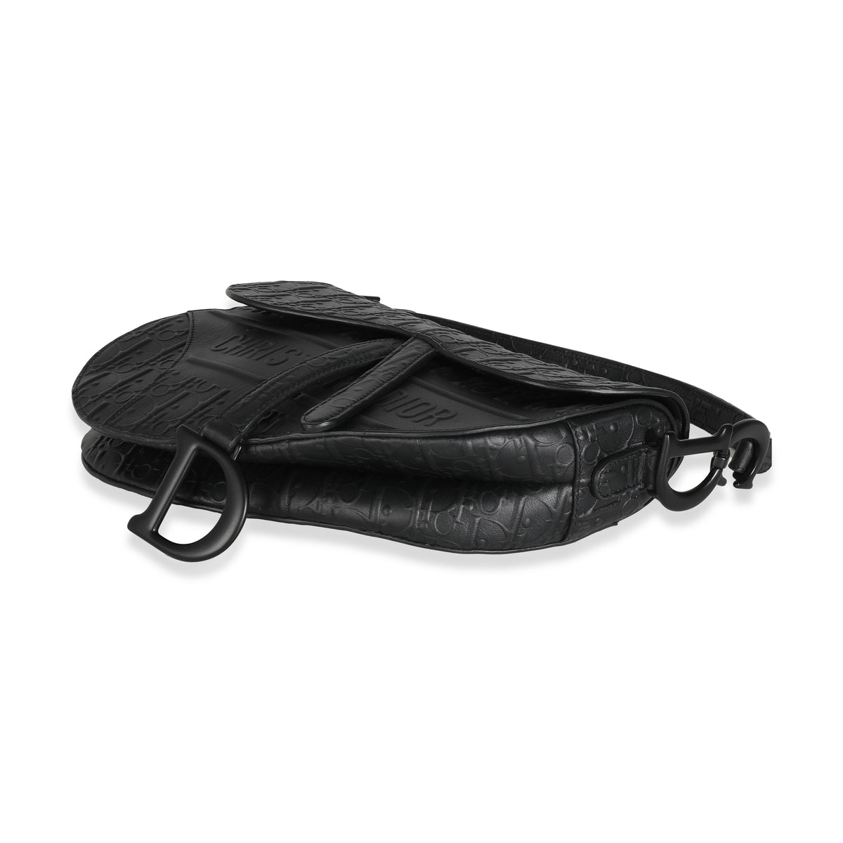 Black Oblique Embossed Calfskin Medium Saddle Bag