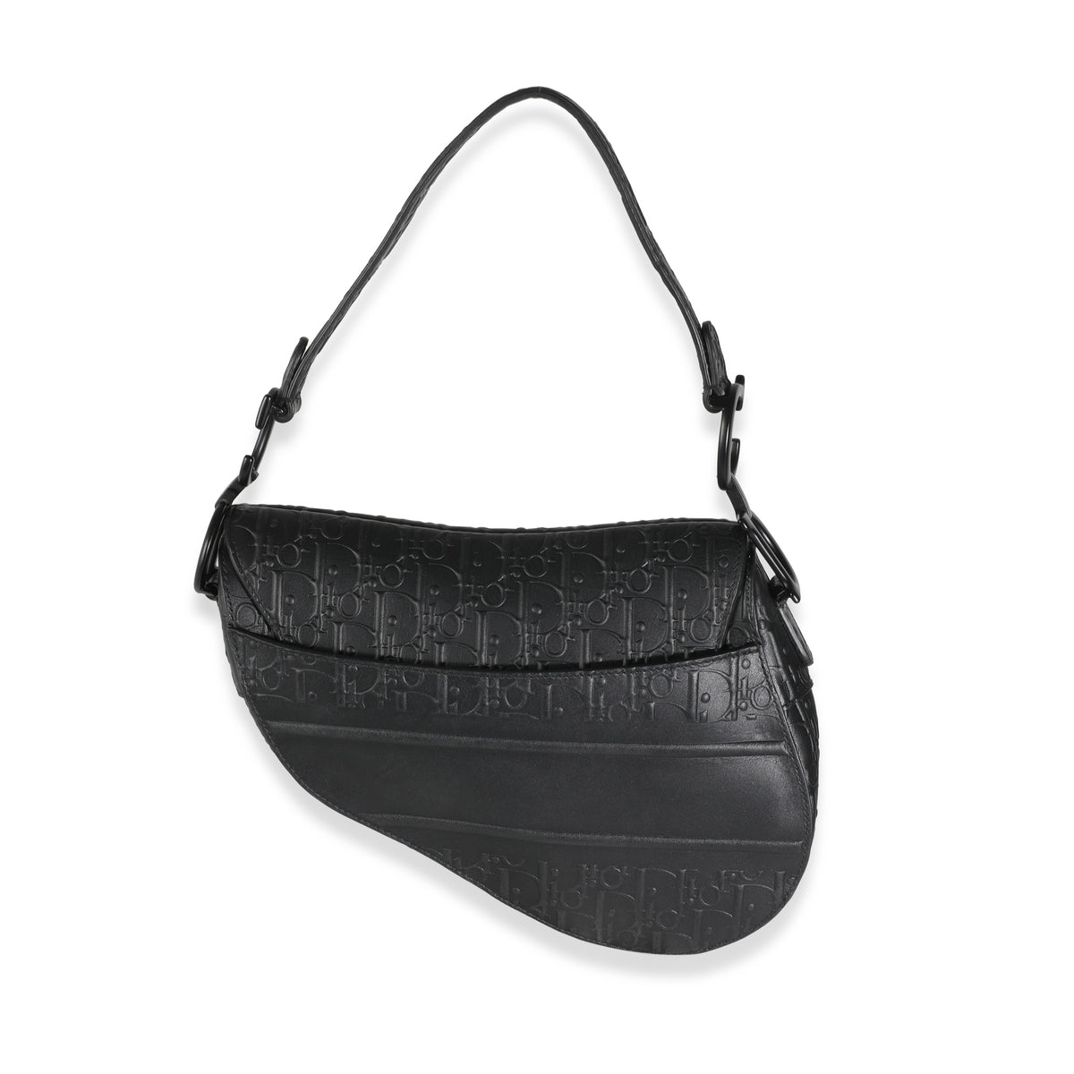 Black Oblique Embossed Calfskin Medium Saddle Bag