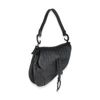 Black Oblique Embossed Calfskin Medium Saddle Bag