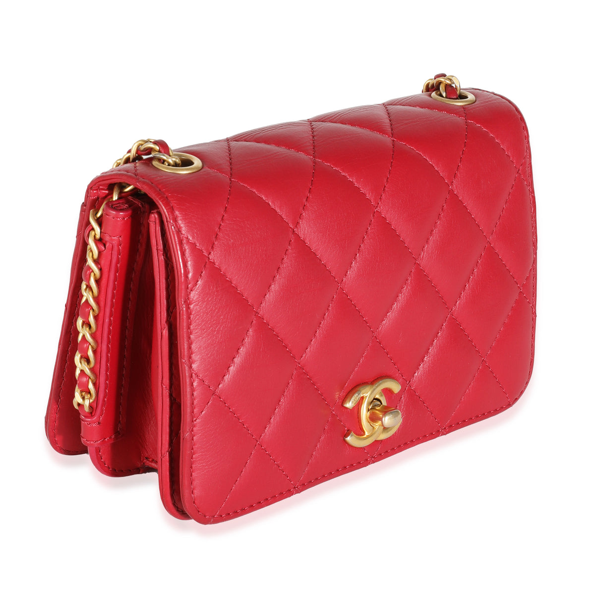 Red Quilted Lambskin Side Chain Mini Flap Bag