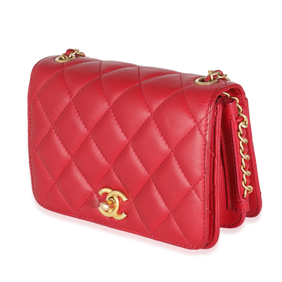 Red Quilted Lambskin Side Chain Mini Flap Bag