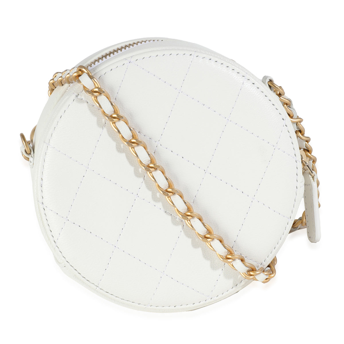 White Quilted Lambskin Pearl Round Clutch With Chain