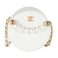 White Quilted Lambskin Pearl Round Clutch With Chain