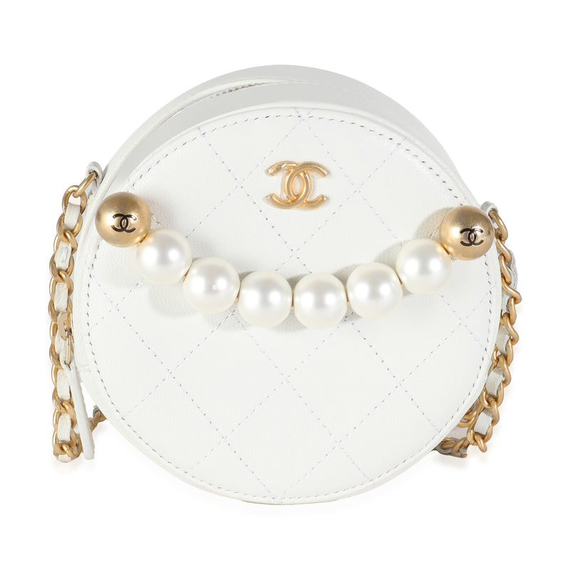 White Quilted Lambskin Pearl Round Clutch With Chain