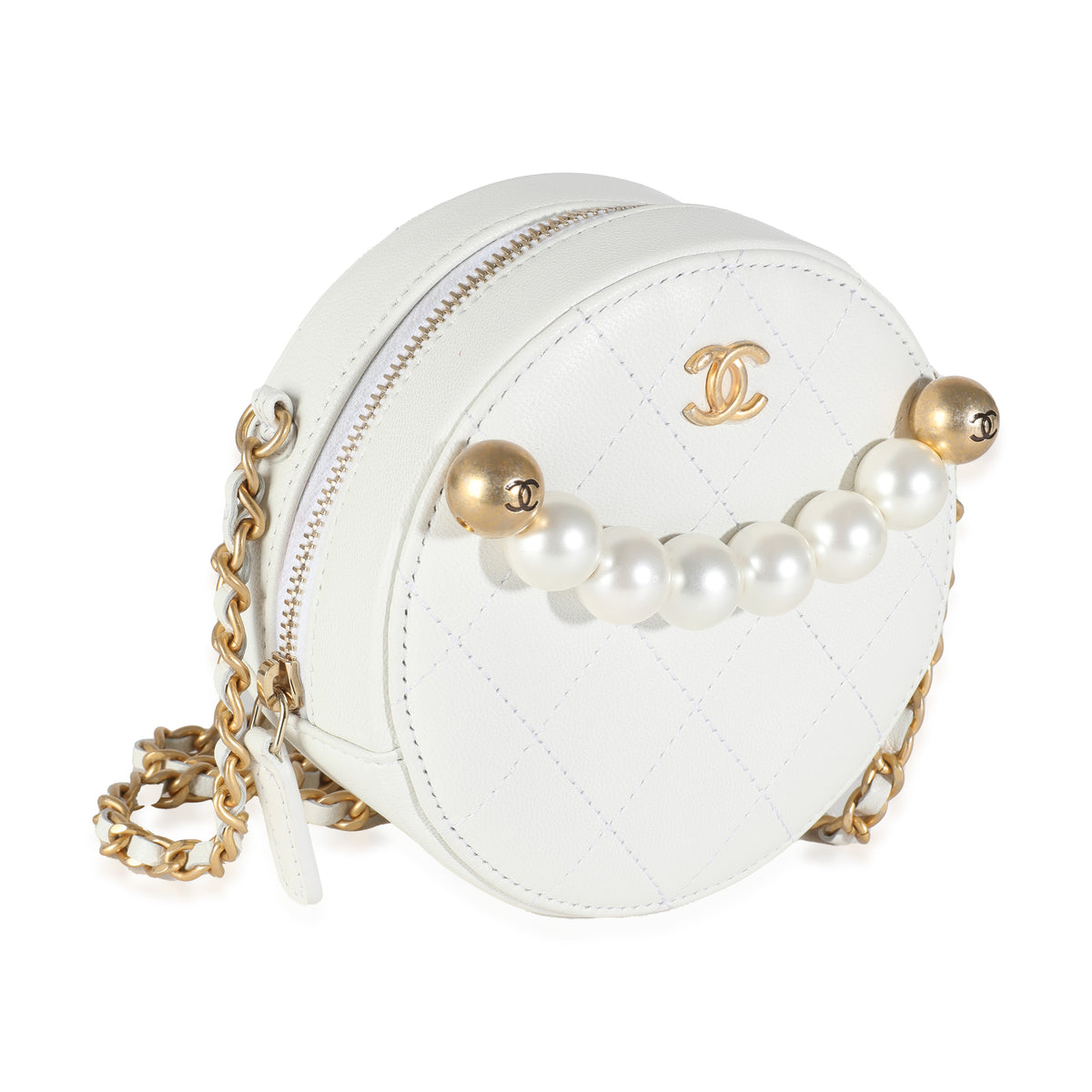 White Quilted Lambskin Pearl Round Clutch With Chain