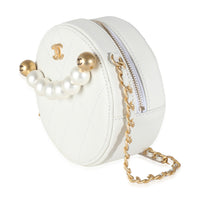 White Quilted Lambskin Pearl Round Clutch With Chain