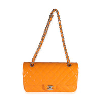 Orange Quilted Patent Medium Classic Double Flap Bag