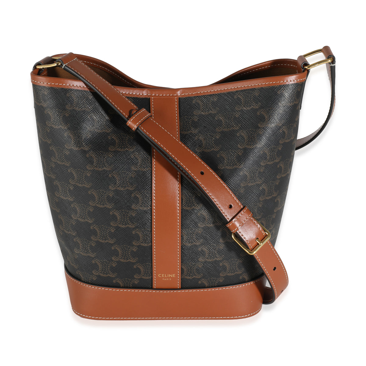 Tan Calfskin Triomphe Canvas Small Bucket Bag