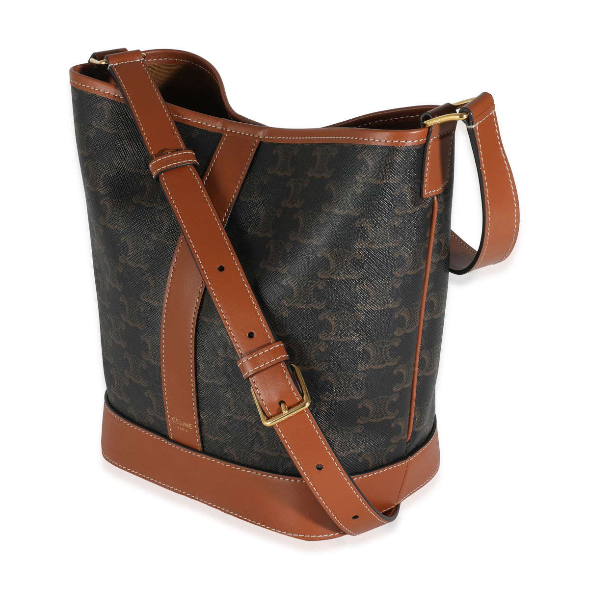 Tan Calfskin Triomphe Canvas Small Bucket Bag