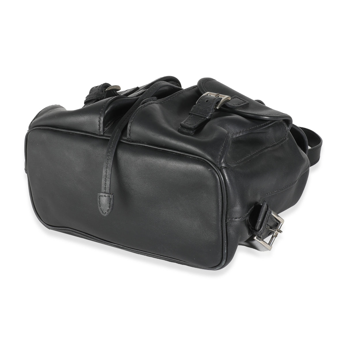 Black Leather Logo Double Pocket Drawstring Backpack