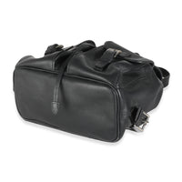 Black Leather Logo Double Pocket Drawstring Backpack