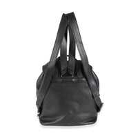 Black Leather Logo Double Pocket Drawstring Backpack