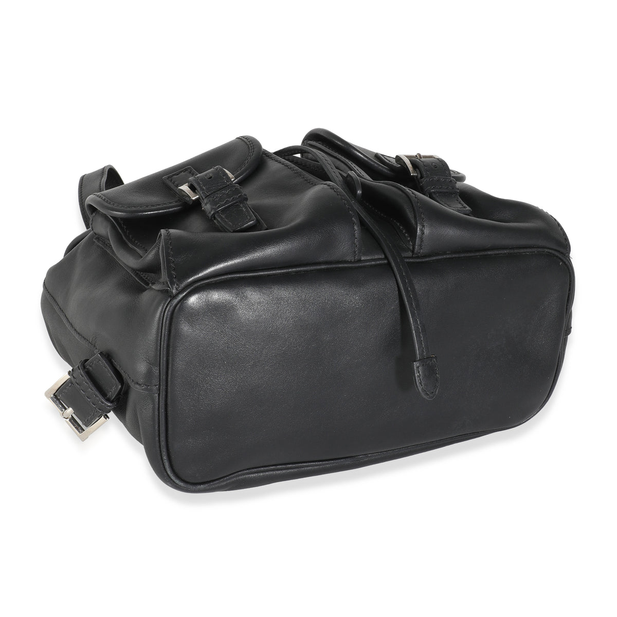 Black Leather Logo Double Pocket Drawstring Backpack
