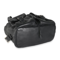 Black Leather Logo Double Pocket Drawstring Backpack