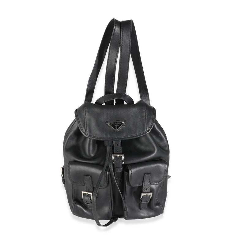 Black Leather Logo Double Pocket Drawstring Backpack