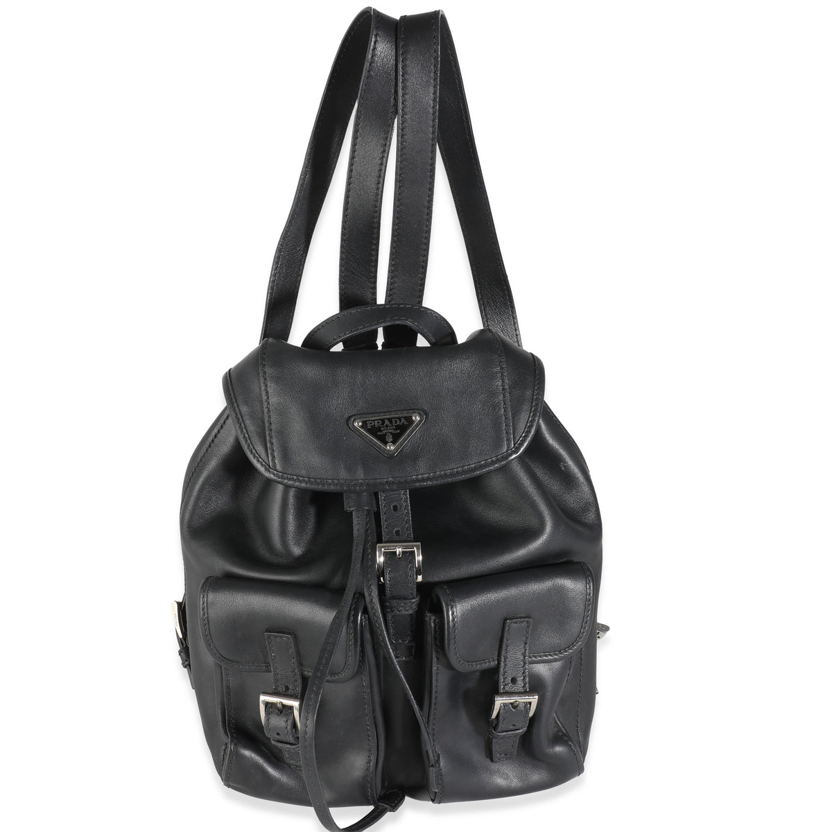 Black Leather Logo Double Pocket Drawstring Backpack