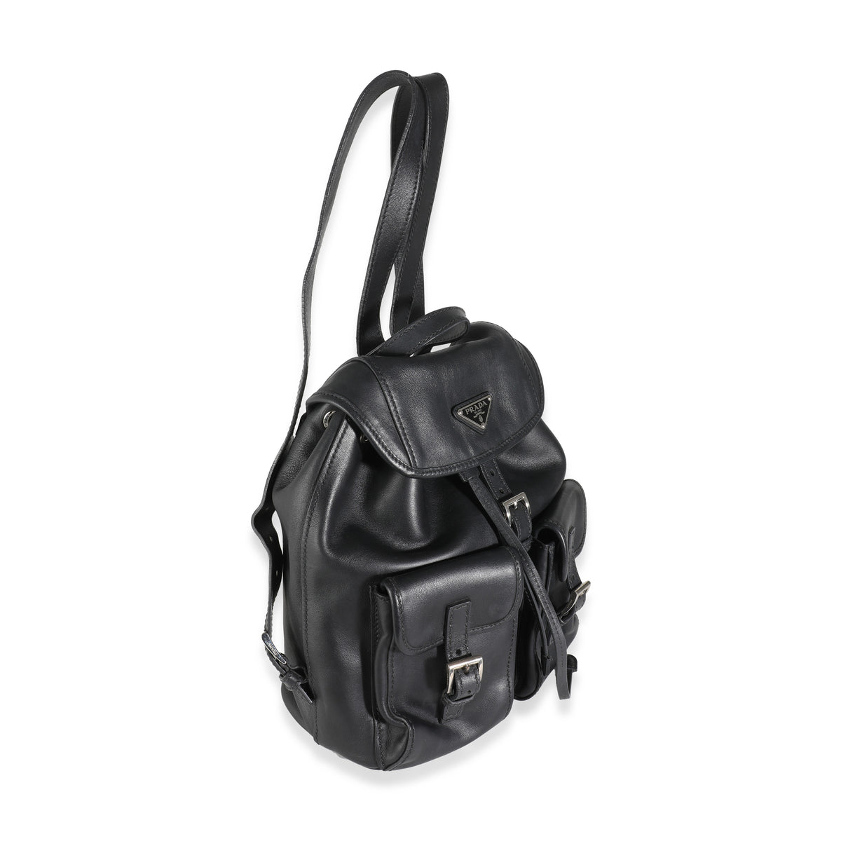 Black Leather Logo Double Pocket Drawstring Backpack