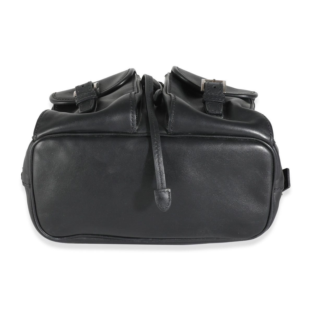 Black Leather Logo Double Pocket Drawstring Backpack