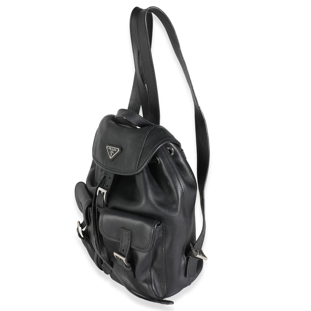 Black Leather Logo Double Pocket Drawstring Backpack