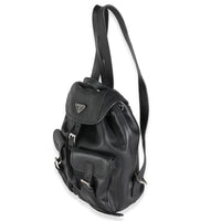 Black Leather Logo Double Pocket Drawstring Backpack