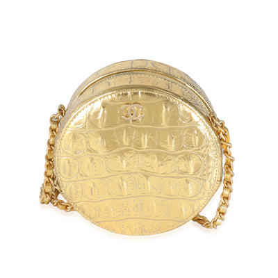 Metallic Gold Croc Embossed Calfskin Round Clutch On Chain