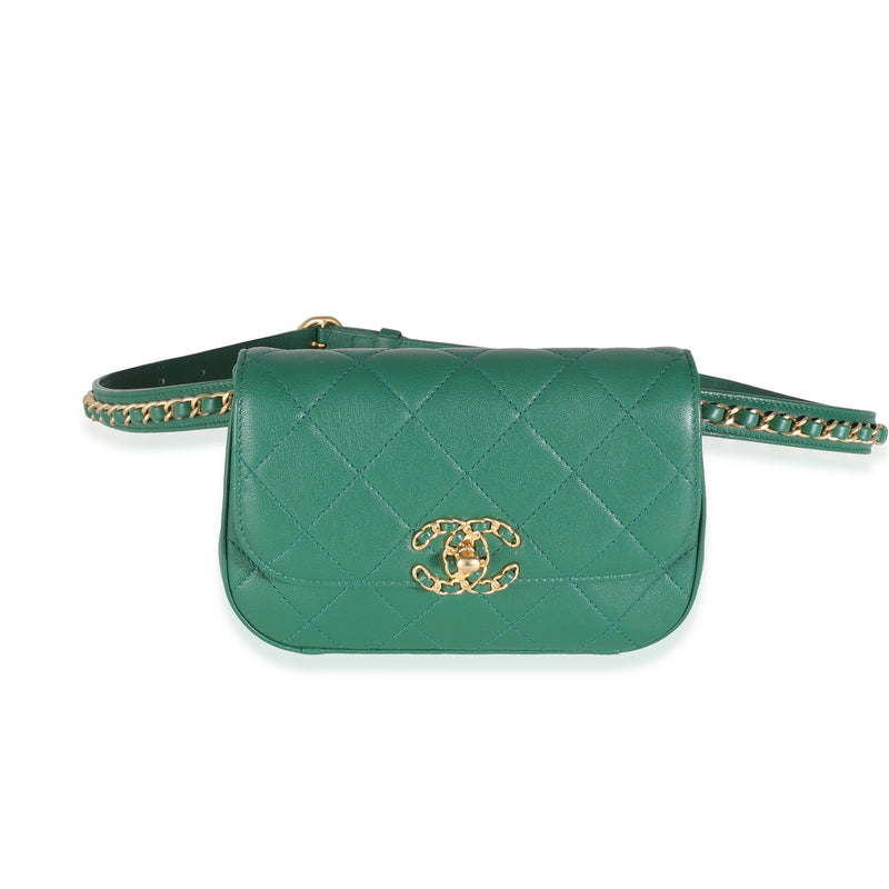 Dark Green Quilted Lambskin Chain Infinity Waist Bag