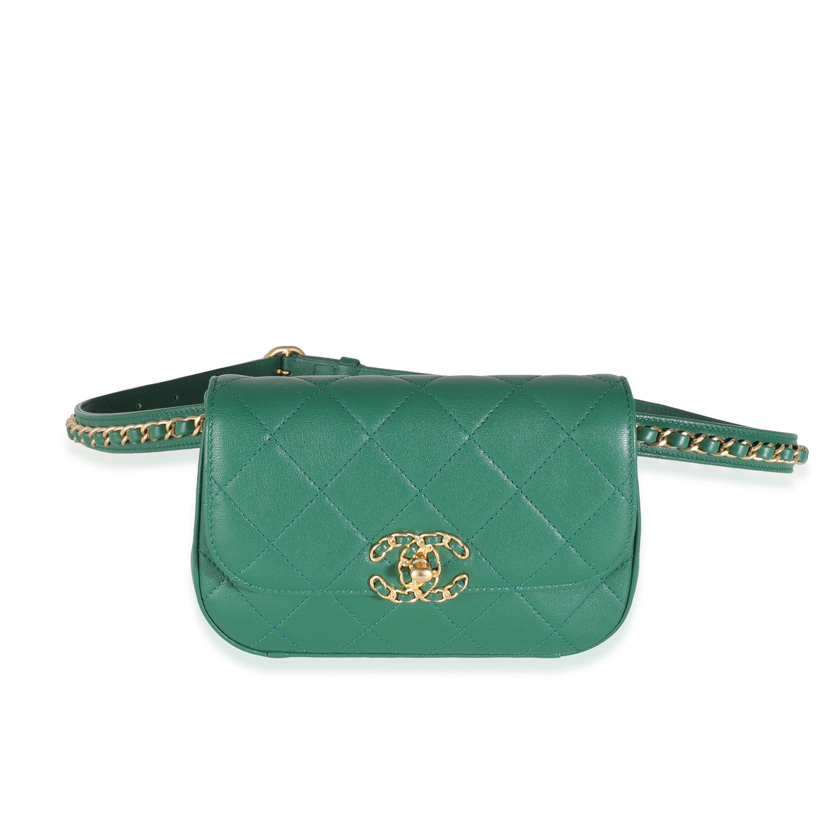 Dark Green Quilted Lambskin Chain Infinity Waist Bag