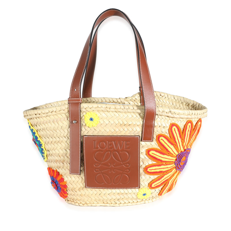 Natural Tan Raffia Floral Embroidered Small Basket Tote