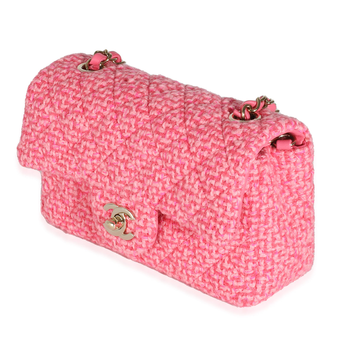 Pink Quilted Wool Tweed Mini Rectangular Flap Bag