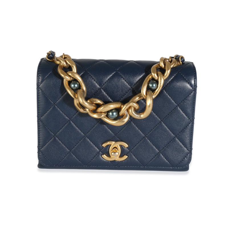 Navy Quilted Calfskin Pearl Jewel Chain Flap Bag