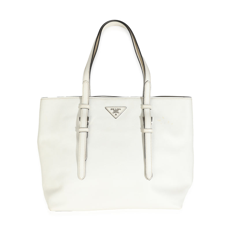 White Saffiano Double Buckle Open Tote