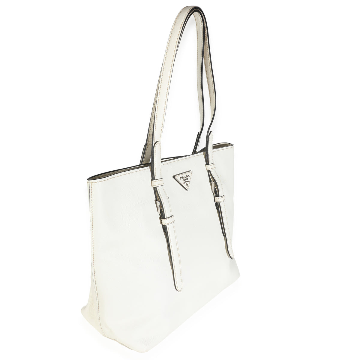 White Saffiano Double Buckle Open Tote