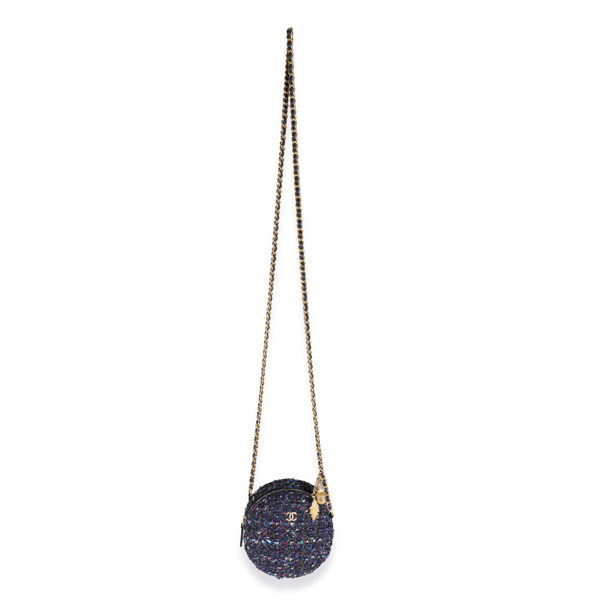 Metallic Purple Tweed Round Clutch With Chain