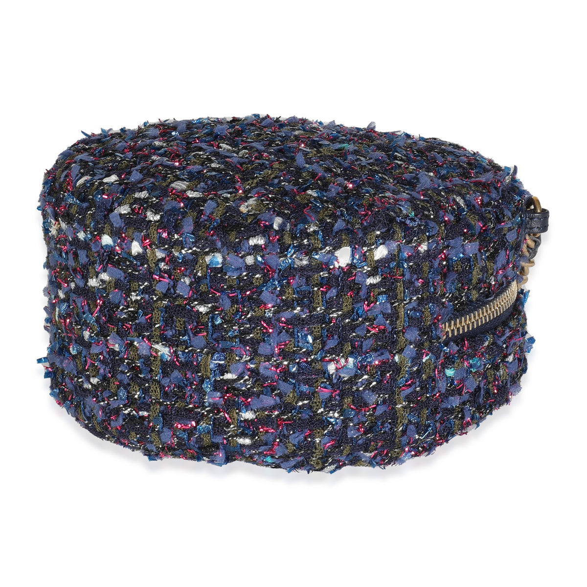 Metallic Purple Tweed Round Clutch With Chain