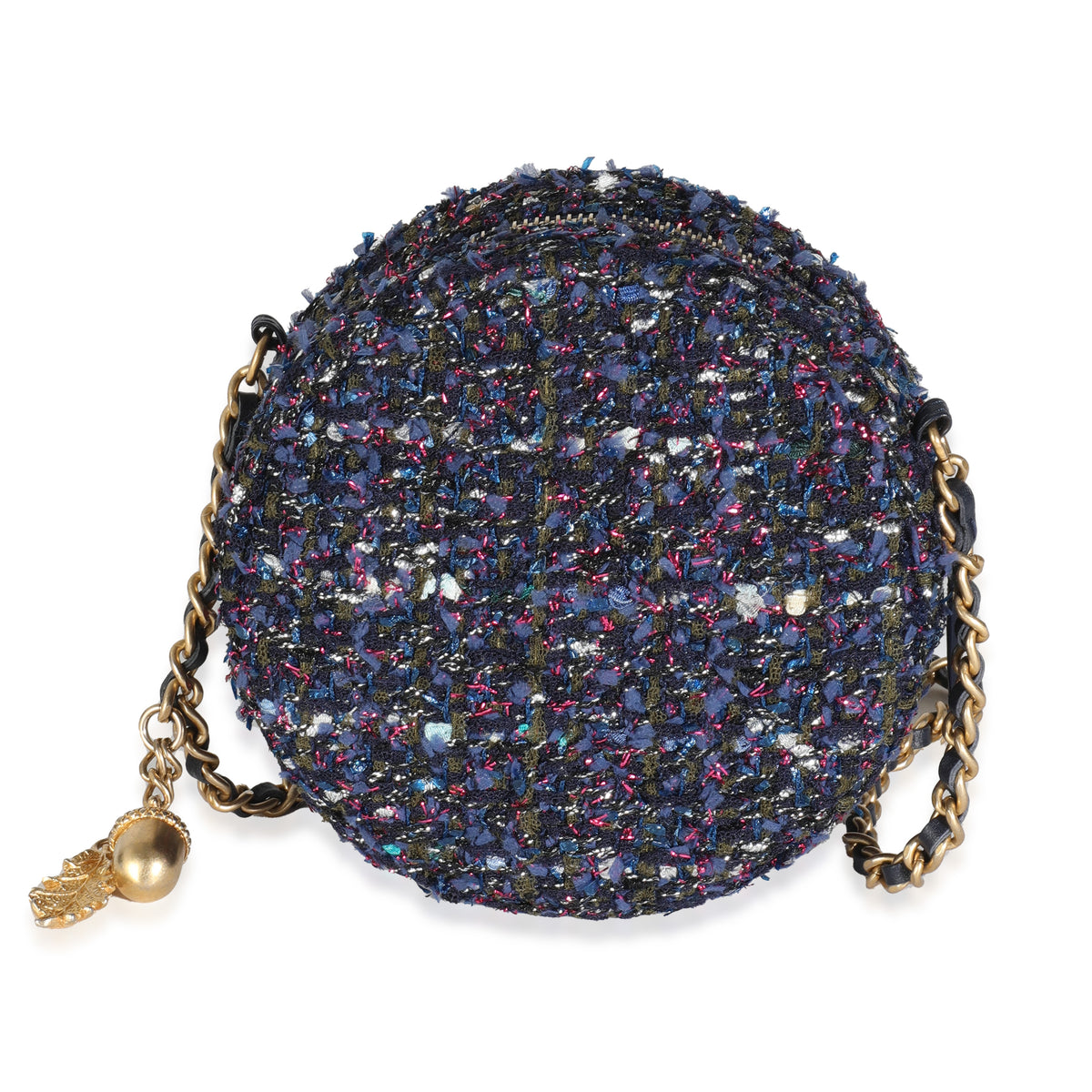 Metallic Purple Tweed Round Clutch With Chain