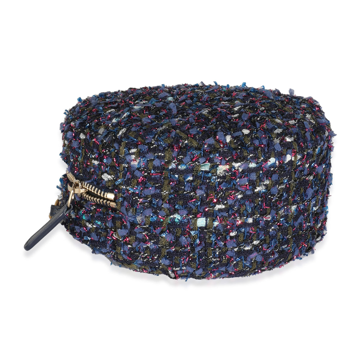 Metallic Purple Tweed Round Clutch With Chain