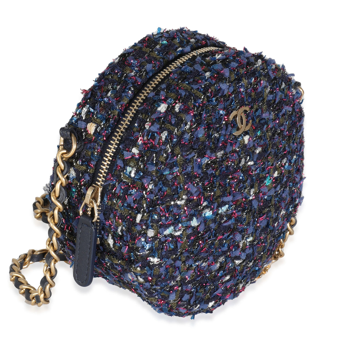 Metallic Purple Tweed Round Clutch With Chain