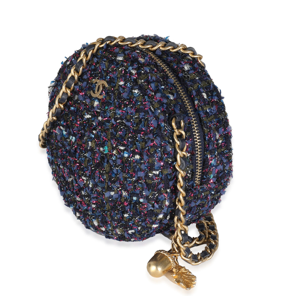 Metallic Purple Tweed Round Clutch With Chain
