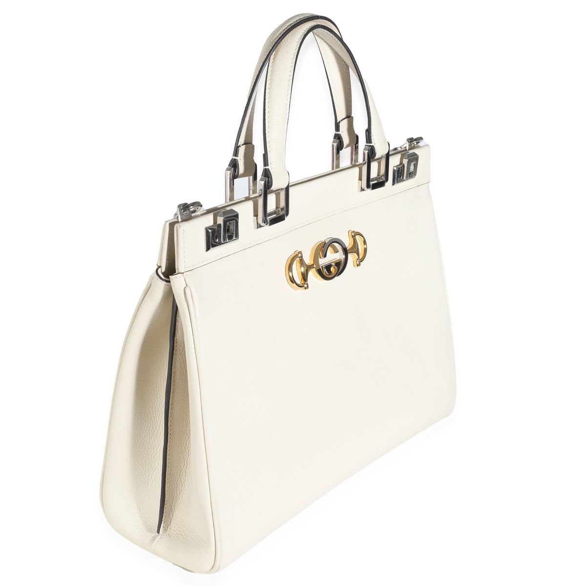Gucci Mystic White Grainy Calfskin Medium Zumi Top Handle Bag Handbag pv