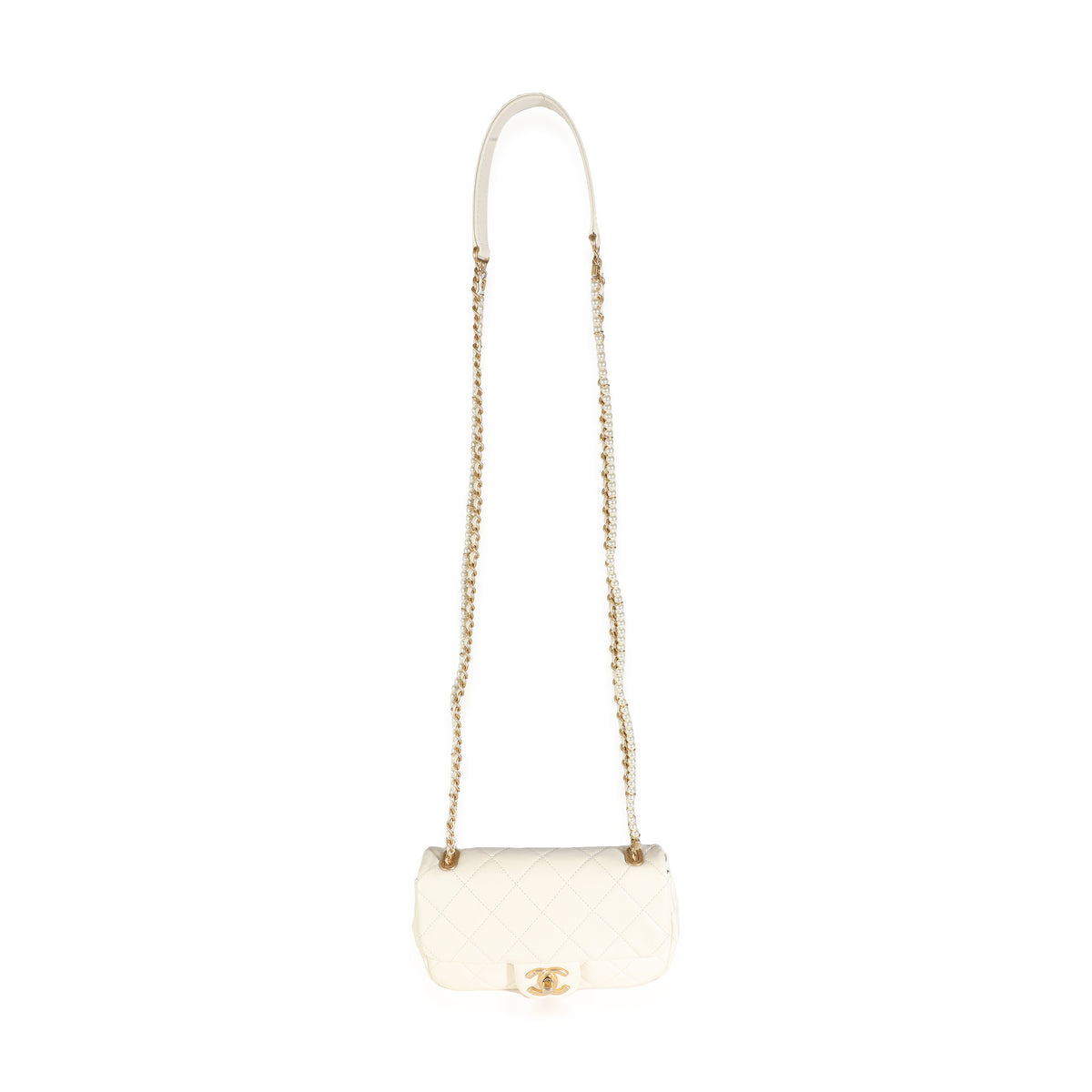 White Shiny Quilted Lambskin Pearl Chain Mini Flap Bag