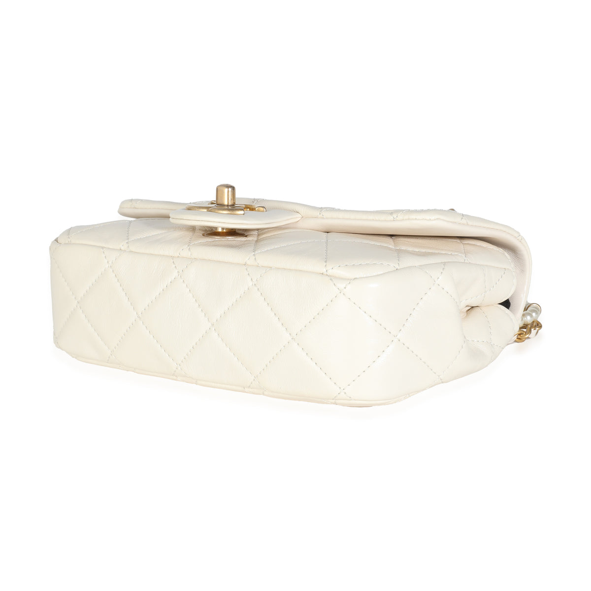 White Shiny Quilted Lambskin Pearl Chain Mini Flap Bag