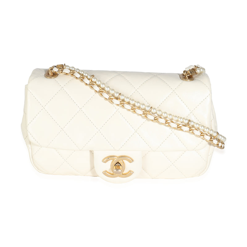 White Shiny Quilted Lambskin Pearl Chain Mini Flap Bag